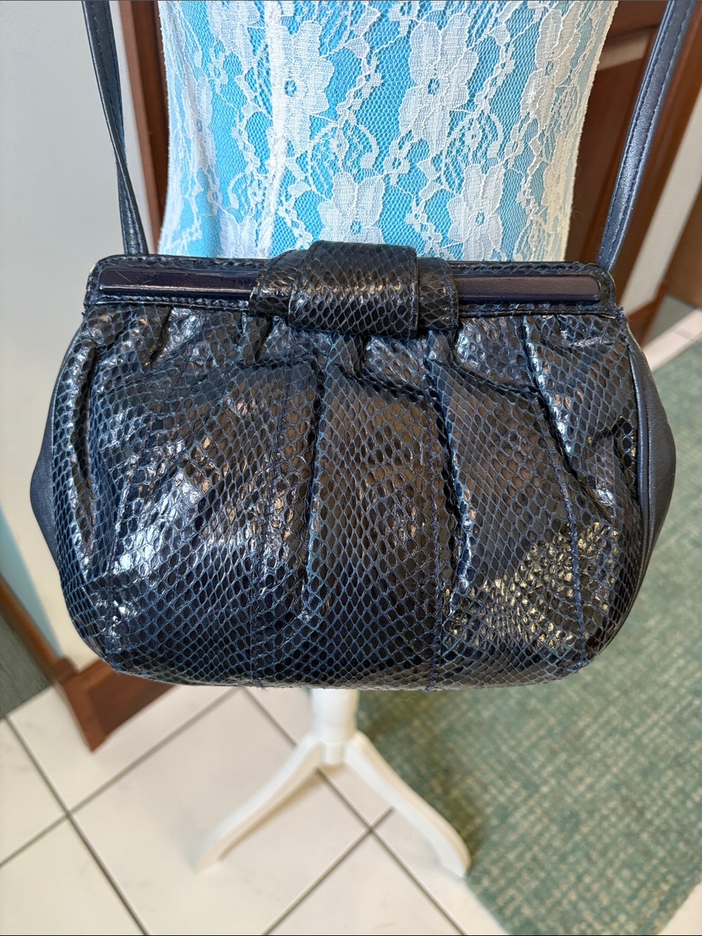Women's Shoulder /Crossbody bag navy leather/snake skin pattern mini bag vintage